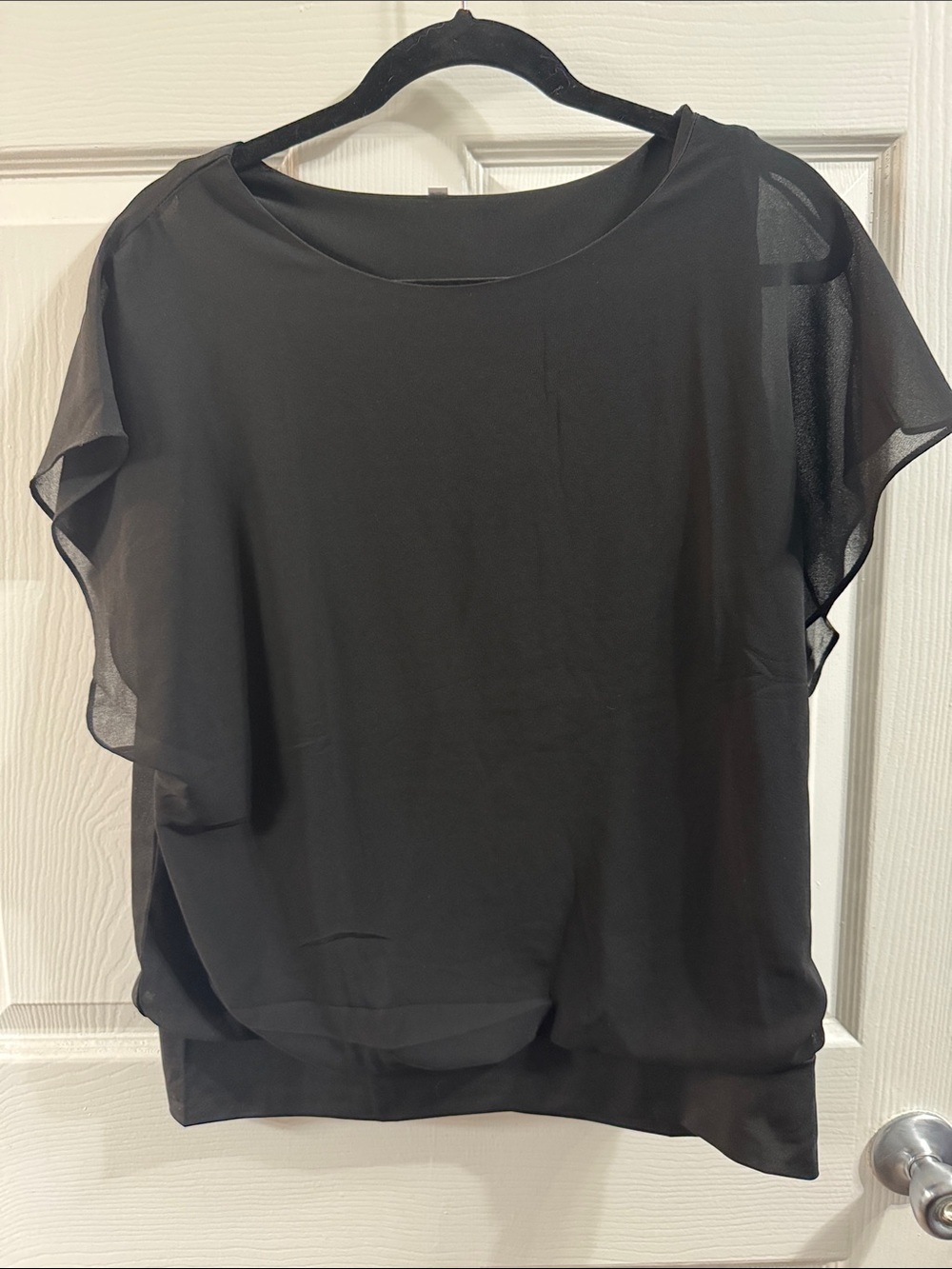 Black Chiffon Overlay Women's Blouse - Classic Short Sleeve Top